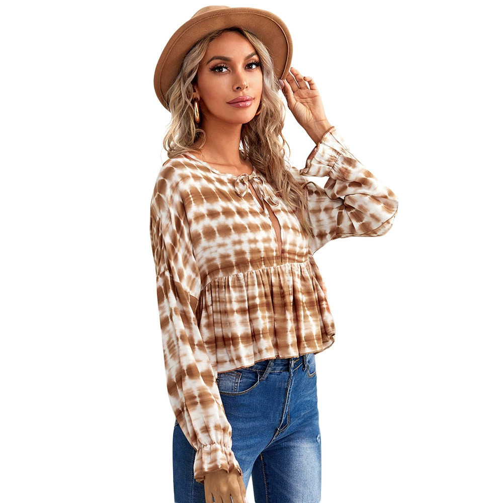ZARA Spring Summer Loose Bohemian Sexy Hollow Out Lace Up Long Sleeve Blouse